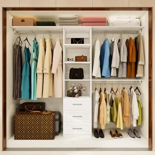 96 inch Closet System with Wooden Drawers, 5FT-8FT Closet Organizer System with Shelving Tower, Walkin Closet System