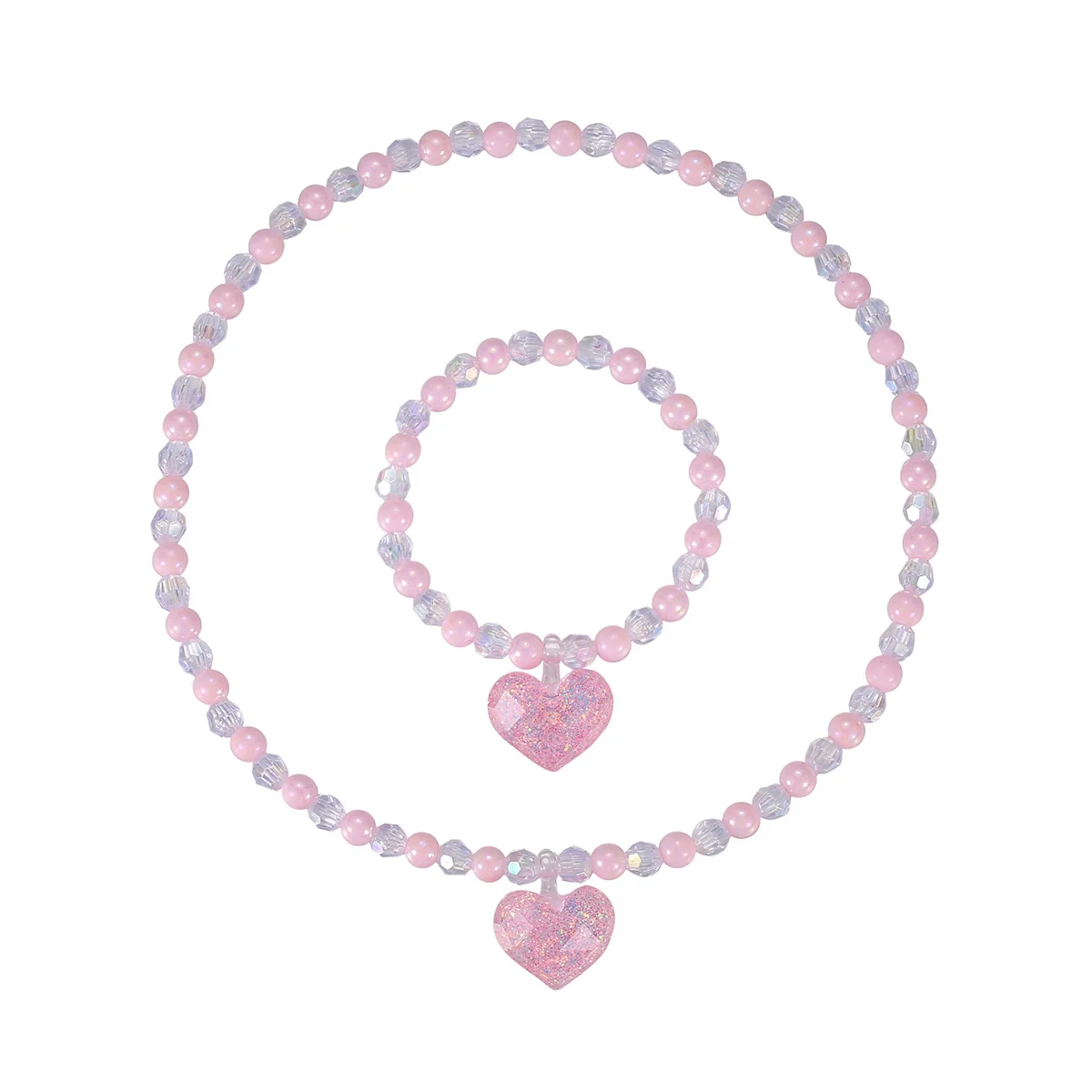 2pcs Sweet Pink Heart Children Necklace Bracelet Set Candy Colorful Beaded Girls Necklace Jewelry Wholesale