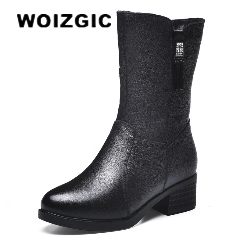 WOIZGIC Women Female Mother Ladies Genuine Leather Shoes Boots Mid Calf Winter Plush Fur Warm Zipper Med Heel Bling BH-8783