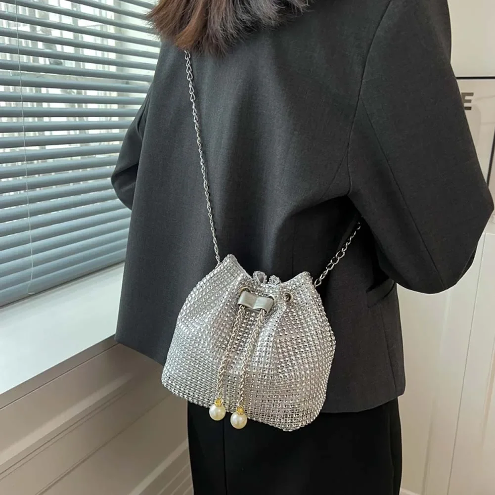 Luxury Designer Rhinestone Handbag For Women Silver Bucket Purse Party Evening Clutch Bag Female Shining Diamond Shoulder Bag