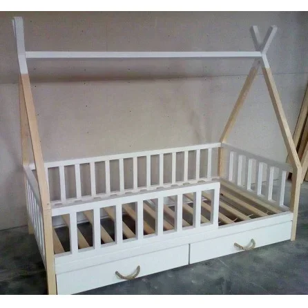 Children House Bed with with Barriers and Drawer Bedroom Furniture Gray or White Wooden Solid Pine Wood Children Teepee Baby Bed