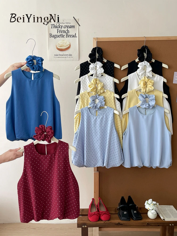 

Beiyingni 2025 Summer Korean Female Shirts Blouses Dots Print Casual Sleeveless Tops Women With Hair Belt Sweet Chic Bud Blusas