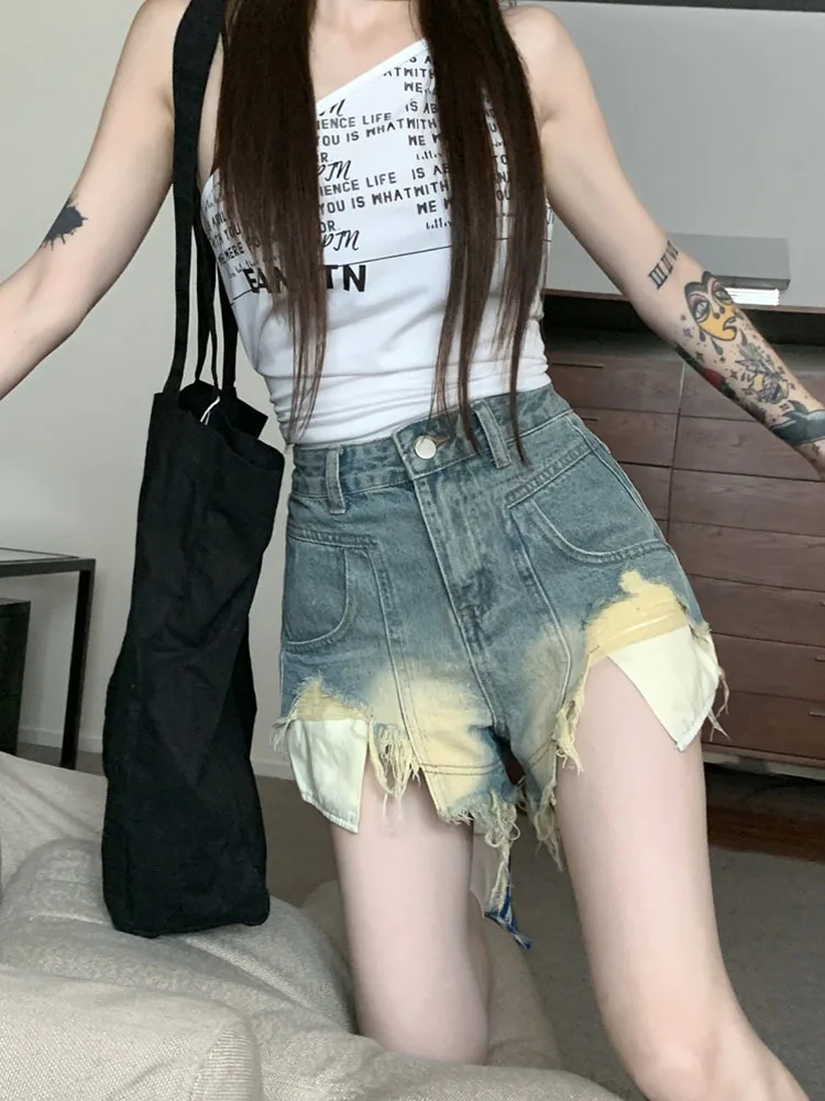 

Ripped High Waist Short Jeans Lady Tassels Raw Edge Nostalgic Hole Denim Pants Sexy Nightclub A Line Wide Leg Shorts