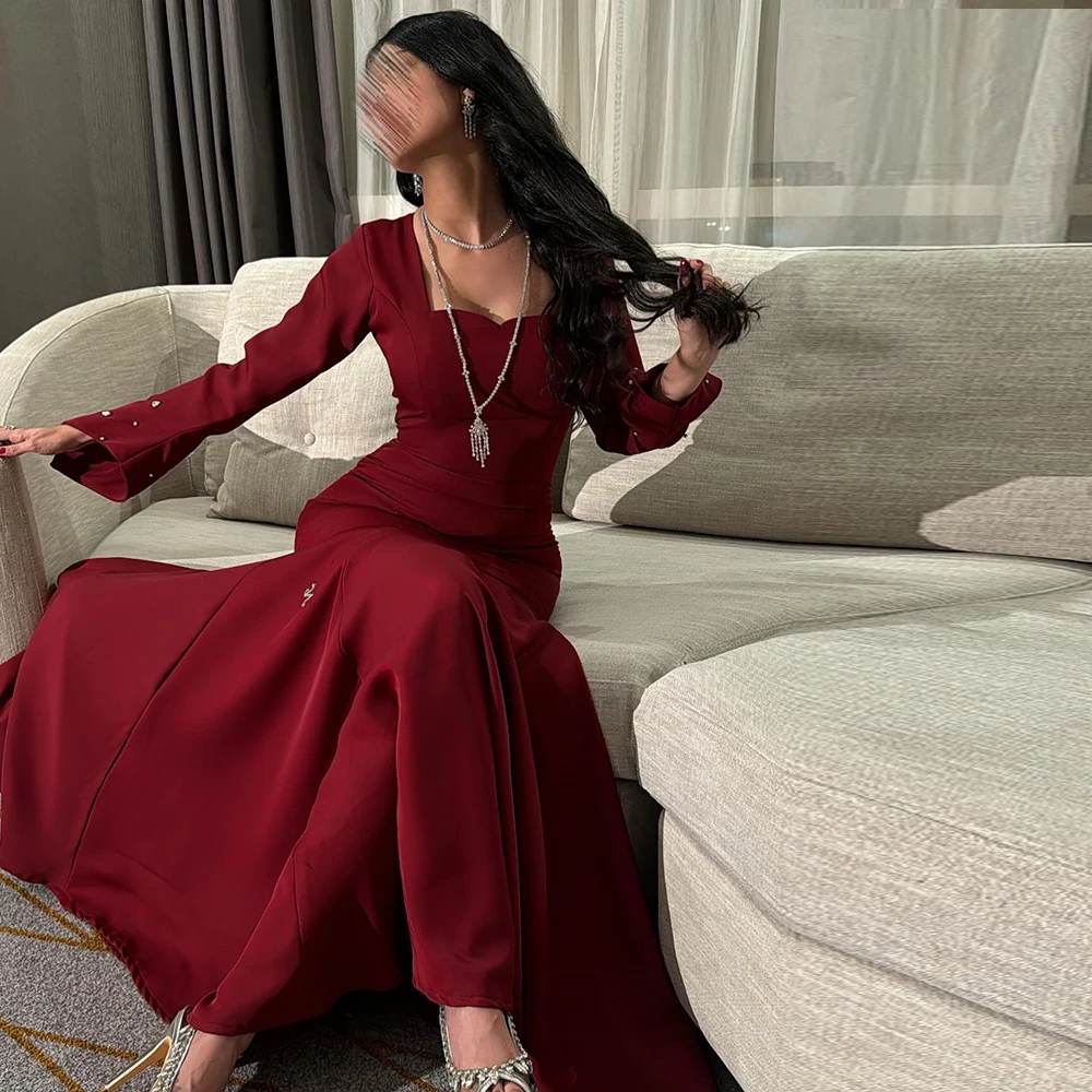 

Classic Straight Burgundy Floor Length Evening Dress Modern Square Neck Jersey Long Sleeves Pleats Crystal Saudi Arabia Women