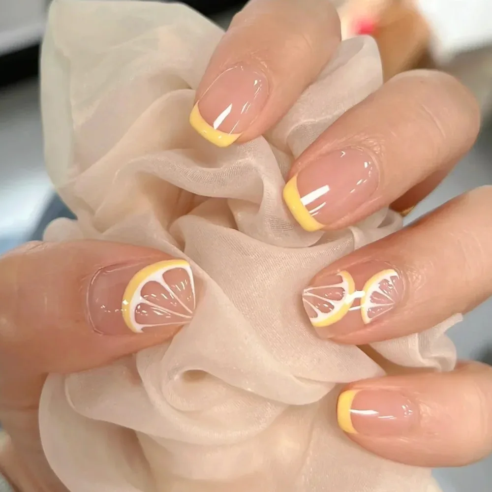 24pcs False Nails Summer Party Press on Nails Art Fruit Lemon Design Fake Nails for Vacation Beach Holiday DIY Manicure Kit