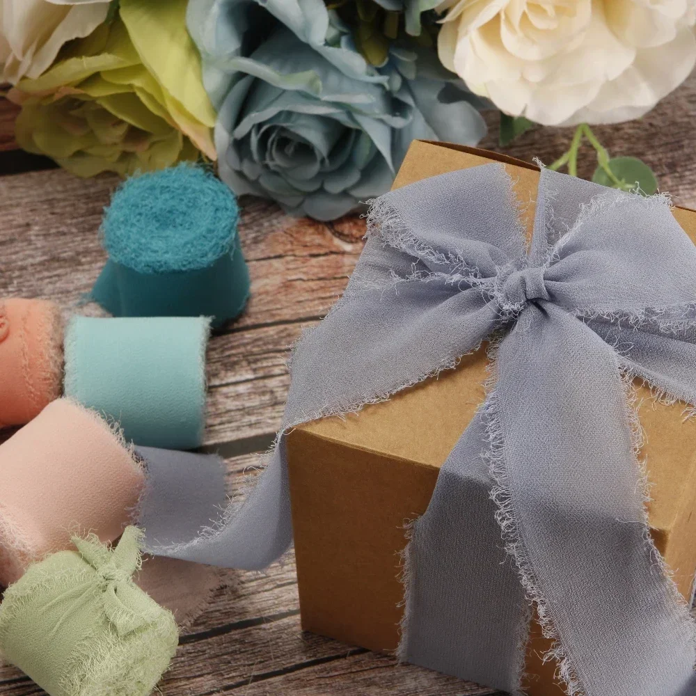 Hand Torn Raw Ribbon Gift Box Bouquet Strap Chiffon Silk Strip Fringed Whisker Strap 40mm Wide  X 5m Long