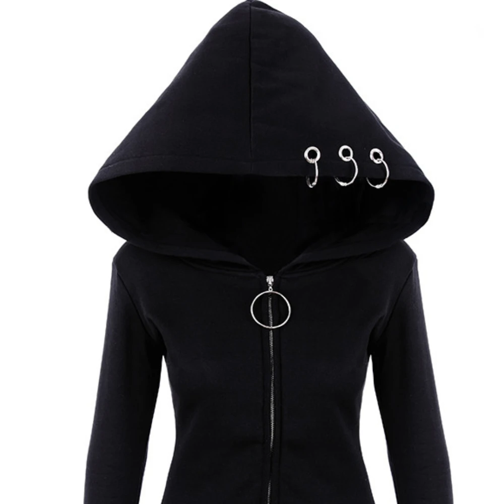 New in Outerwear Women Sweat-shirt Punk Zip Up Hoodie Oversized Long Sleeve Gothic Clothes Iron Ring Hooded Pocket Sweatshirt