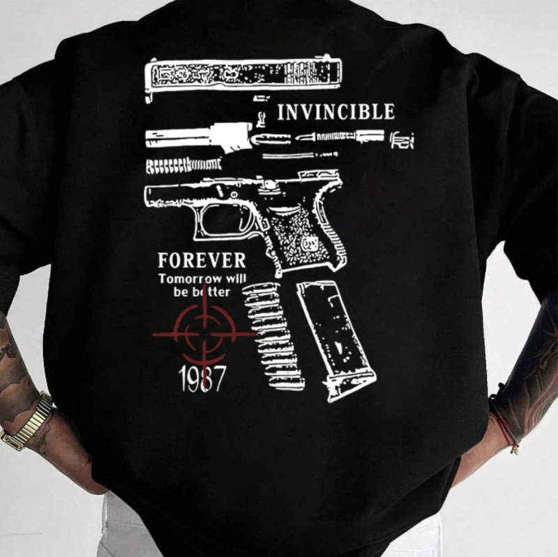 

Summer Bestseller Men's Patterned Round-neck Short-sleeved T-shirt - Black with White Gun Design and "Invincible" Text
