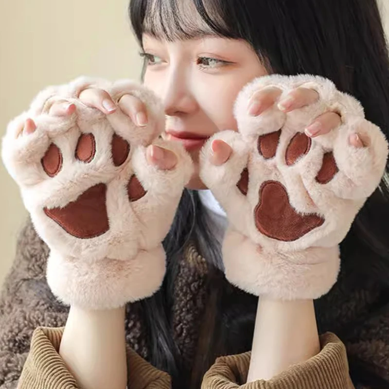 Soft Warm Plush Fingerless Gloves Flip Half Finger Mittens Women Winter Cute Cat Paw Fluffy Glove Fashion Kawaii Accessories