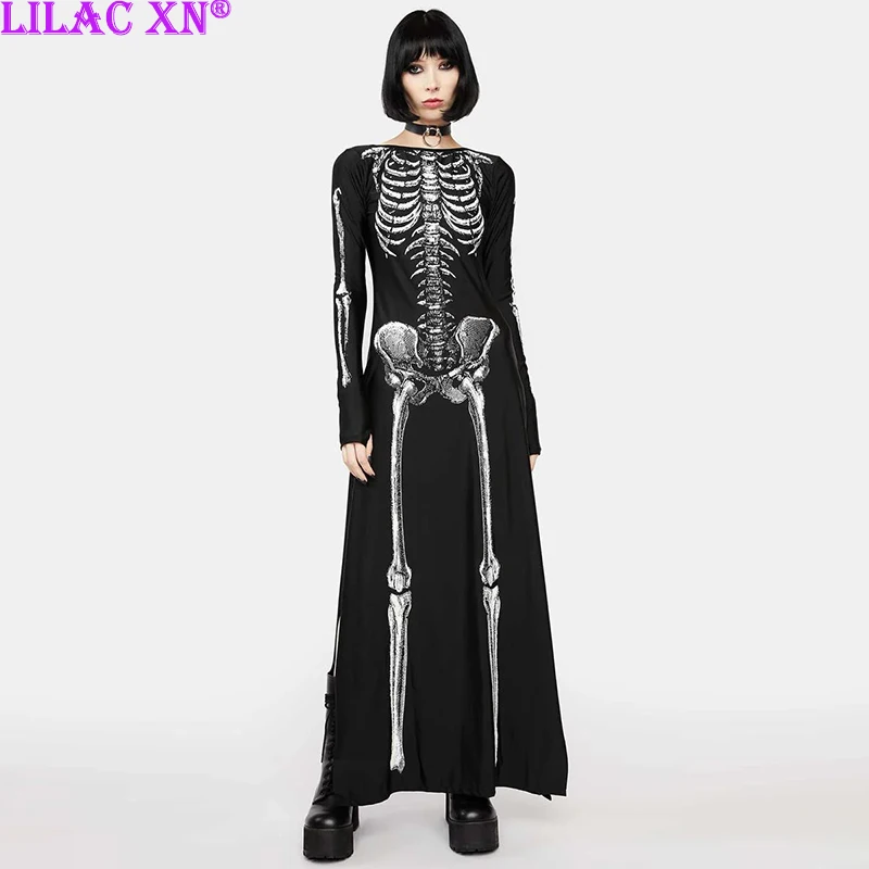 

Y2K Goth Black Skull Print Long Sleeve Party Dresses Vintage Causal High Slit Long Dresses Women Autumn Halloween Cosplay Dress