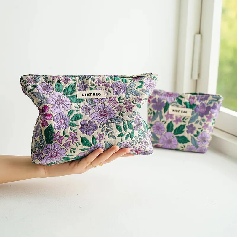 Borsa cosmetica da donna viola fiori retrò borsa da viaggio per rossetto cosmetico di grande capacità borsa da toilette da viaggio borsa di stoffa