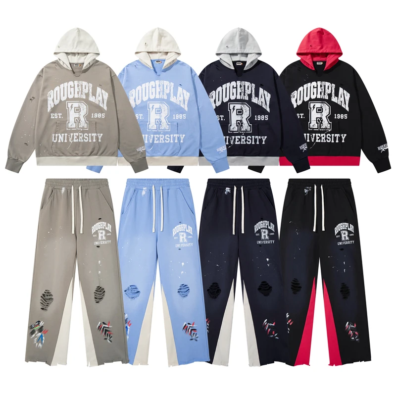 Rough Play Hoodies American Style Embroidered Retro Vintage Sweatshirts Men Women Frayed Ripped Paint Splatter Wide Leg Pants