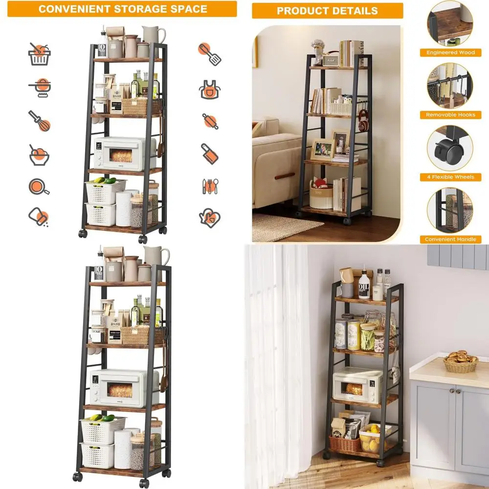 

Кухонная тележка на колесиках с 4 ярусами, замком и крючками, в деревенском стиле, коричневая, для хранения в небольших помещениях и использования в качестве барной стойки