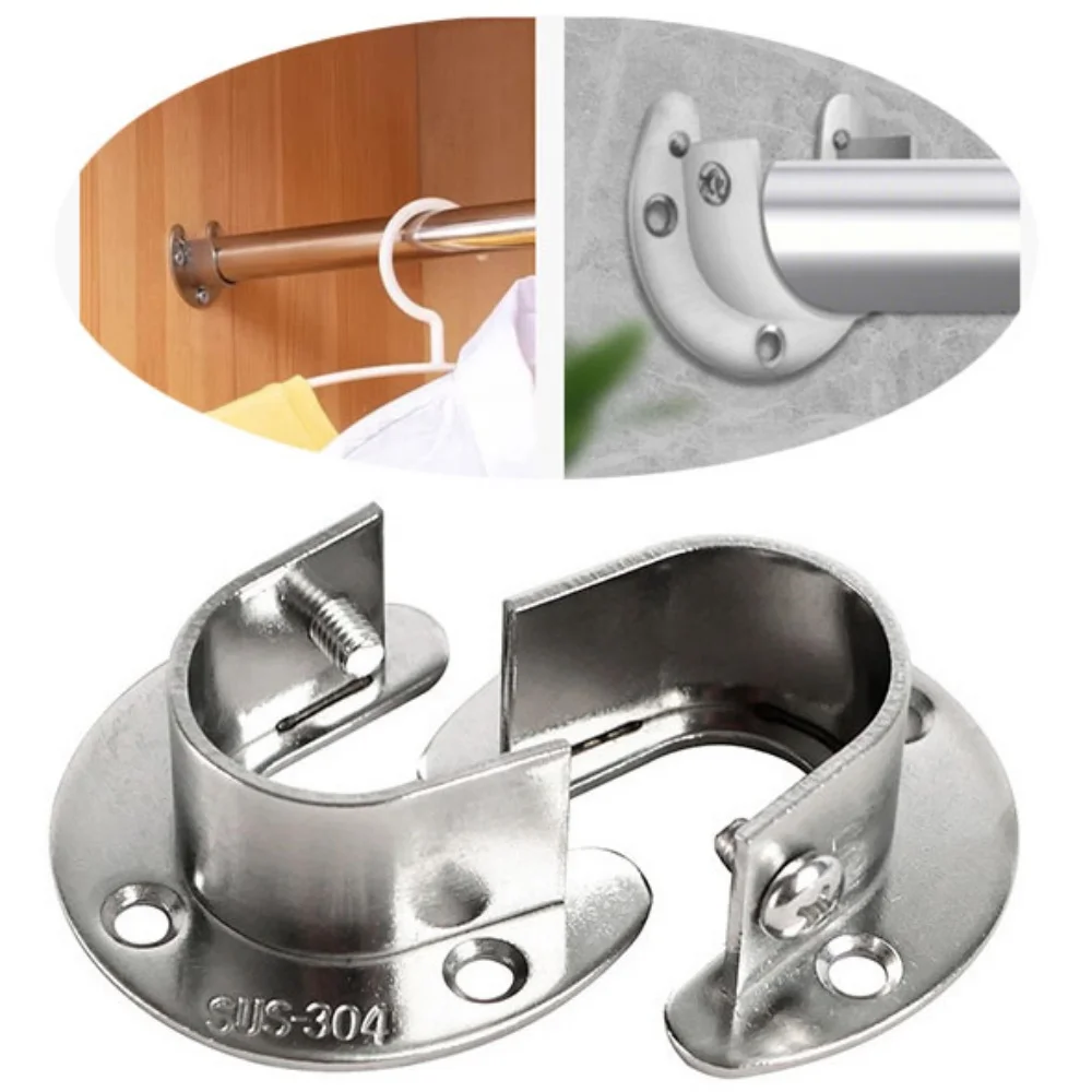 Stainless Steel Flange Seat Heavy Duty Wardrobe Hanger Curtain Rod Holder Tube Hook Fixed Support U Shaped Bracket Seat Fixing