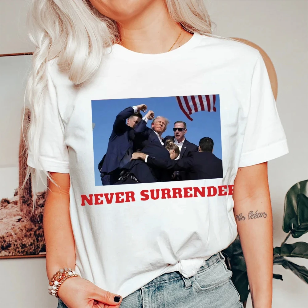 

Trump Rally Shooter T-shirt Trump Never Surrender T Shirt Street Cotton Tees Women's Loose Short Sleeve Commuting Basic Top