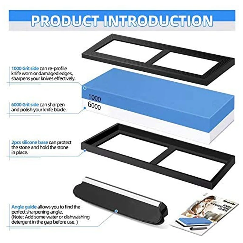 Knife Sharpening Stone 1000/6000 Grit,2-In-1 Dual Sided Whetstone ,Water Stone With Non-Slip Silicone Base Holder