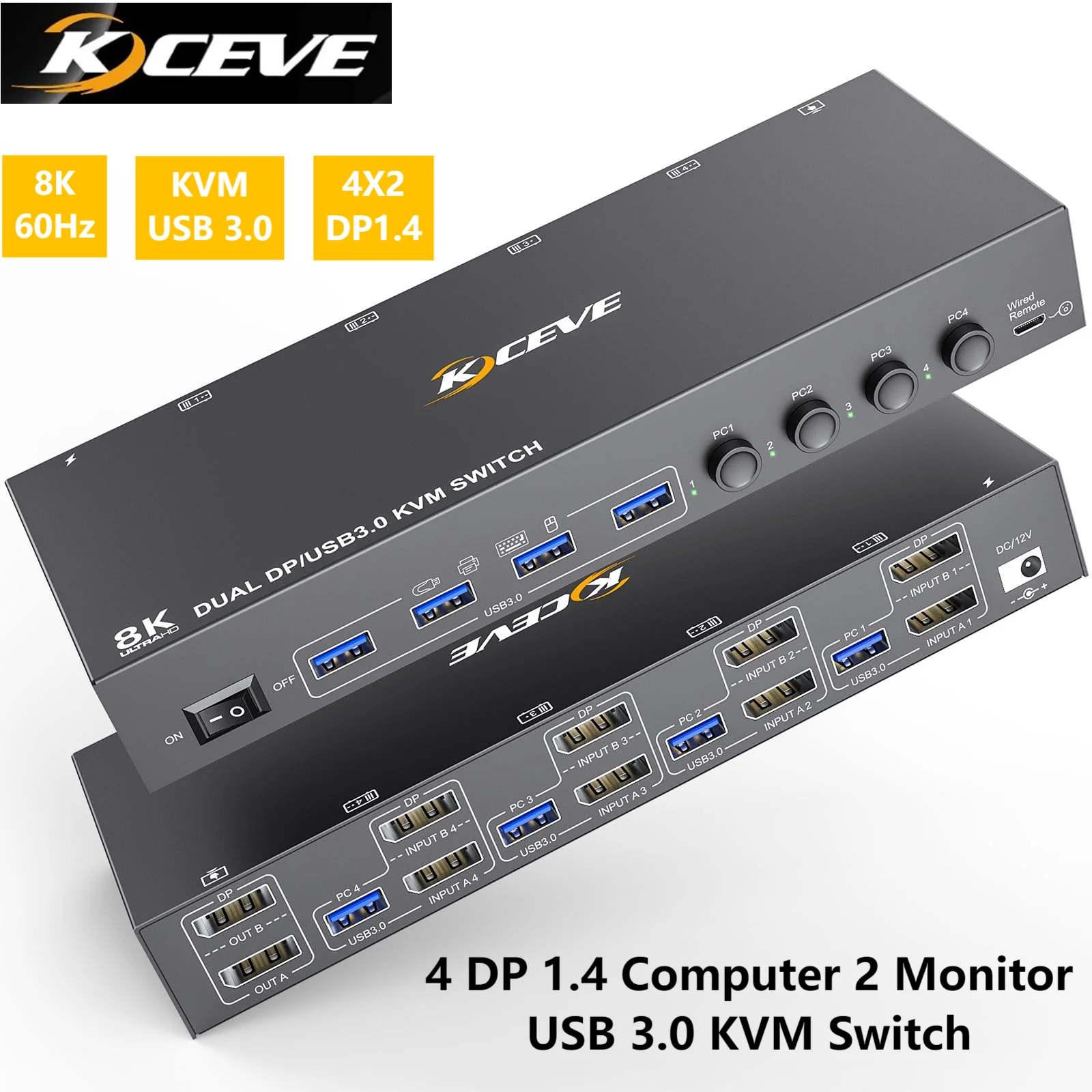 KCEVE KVM Switch 4 Computer 2 Monitors Displayport USB 3.0 KVM Switcher Supports 4K@60Hz for 4 DP Computers Share 2 DP Monitors