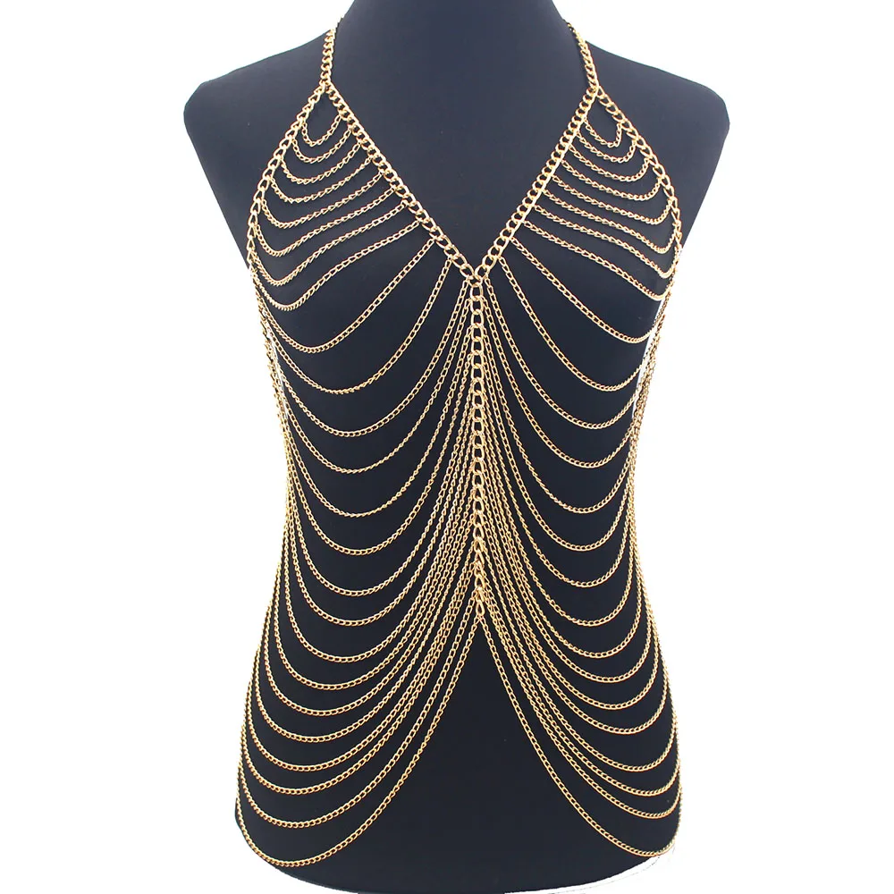 Sexy Metal Body Chain Dress For Women Fashion Bling Nightclub Backless Adjustable Body Chains Bra Festival Clothing Jewelry