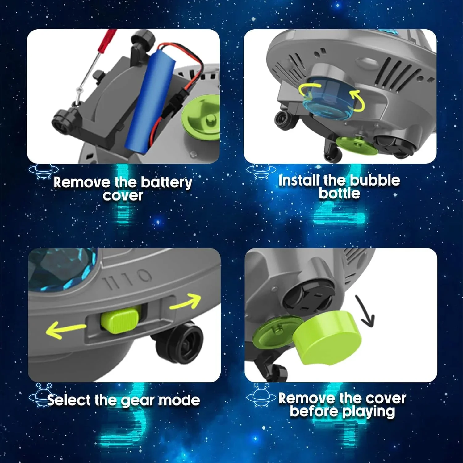 Elektryczna maszyna do robienia baniek mydlanych UFO, obrotowy pistolet do baniek, automatyczny wytwornica mydła z oświetleniem, gry na świeżym powietrzu, latający spodek do unikania przeszkód.