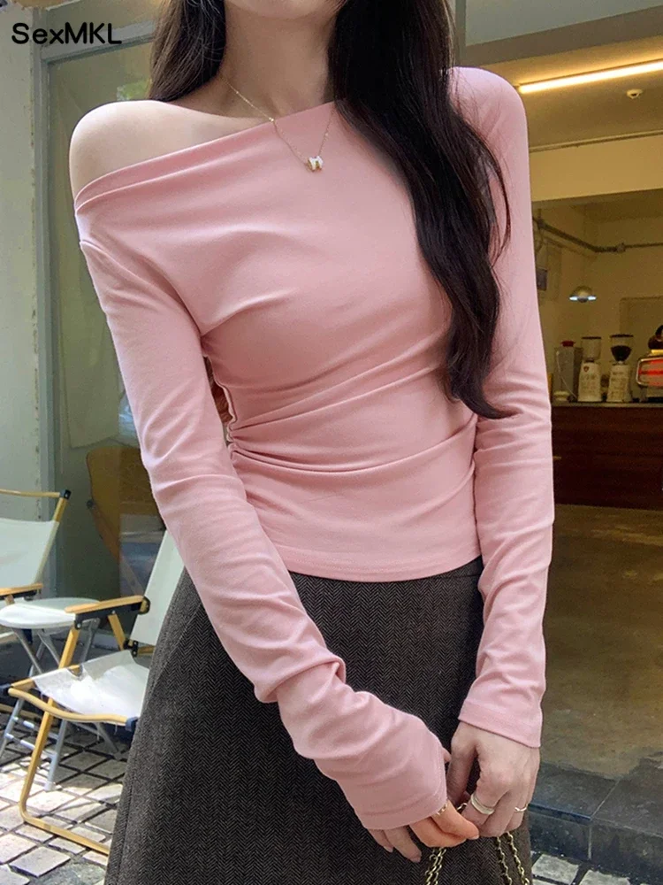 Off Shoulder Casual Pink T Shirts Women 2026 Korean Fashion Long Sleeve Tshirt Slim Y2k Clothes Sweet Sexy Lady Black Crop Tops