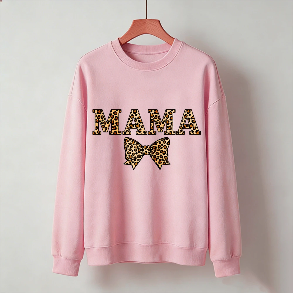Classic Leopard Print MAMA Matching Bow Crewneck Long Sleeve Pullover Edgy Coquette Mom Gift with Retro Bold Font Sweatshirt - view 3