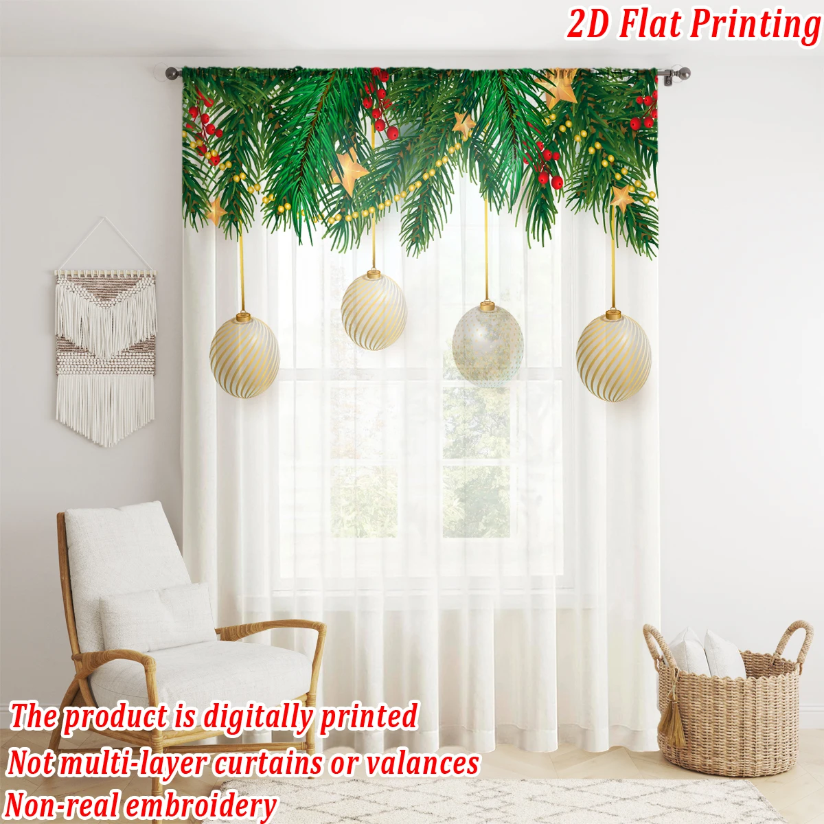 Christmas Flat Printing Sheer Curtain with Christmas Ball Star Pine Branch Berry for Living Room Bedroom Decor Holiday Party