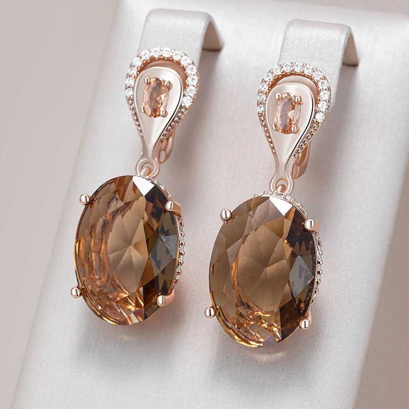Kinel Heiße große ovale braune natürliche Zirkon-Tropfenohrringe für Frauen, einzigartige 585er-Roségold-Farbe, hochwertiger täglicher Brautschmuck, Geschenk
