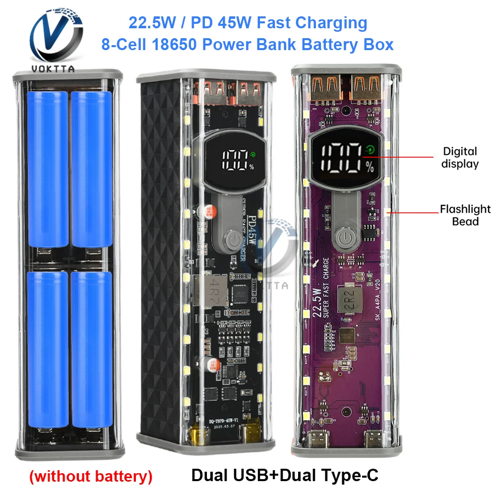 �y�Z�[�����z8*18650 �p���[�o���N�o�b�e���[�P�[�X 22.5W PD 45W �}���[�d�o�b�e���[���[�{�b�N�X �n�ڕs�v USB+Type-C�|�[�g