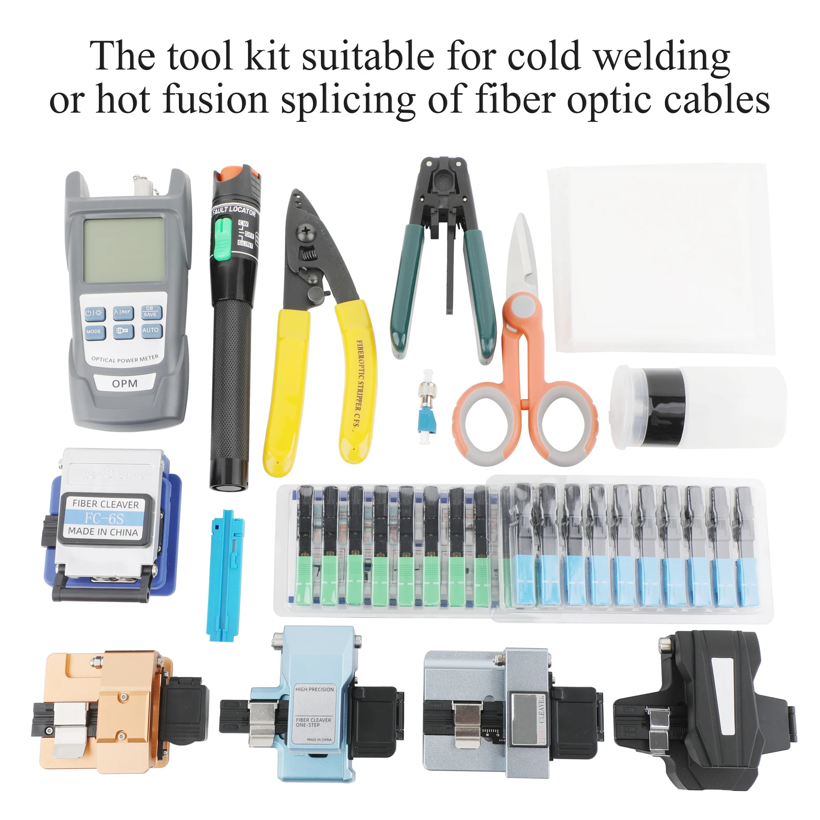(10 في 1) تتضمن مجموعة أدوات اختبار إنهاء الألياف الضوئية: مقياس الطاقة الضوئية عالي الدقة من الألياف الضوئية وما إلى ذلك.