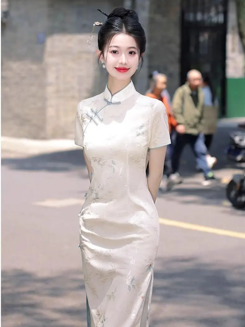 Novo estilo chinês diário de comprimento médio cheongsam vestido elegante verão melhorado jovem feminino qipao vestido