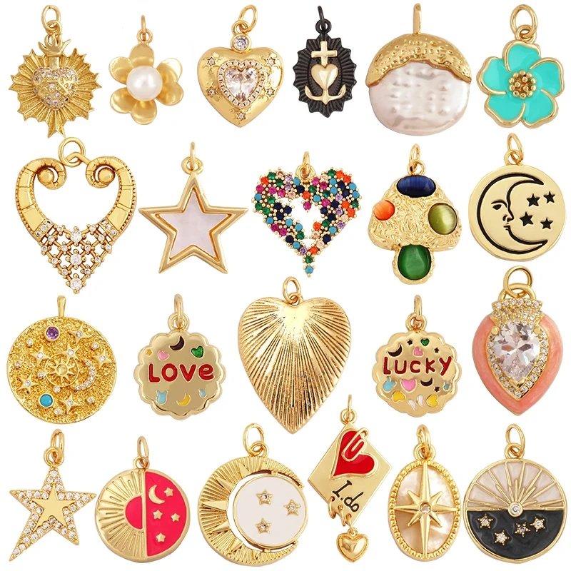 Love Heart Shining Star Moon Mushroom Flower Charm Pendant,18K Gold Plated Colourful Zircon Necklace Bracelet Handmade Jewelry
