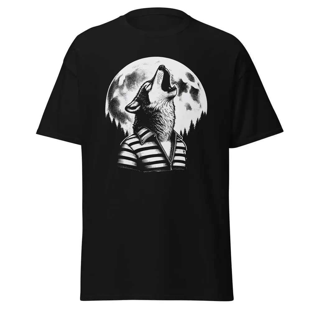 Wolf Howling to The Moon Men's Cotton T-Shirt Graphic Outdoor Tee