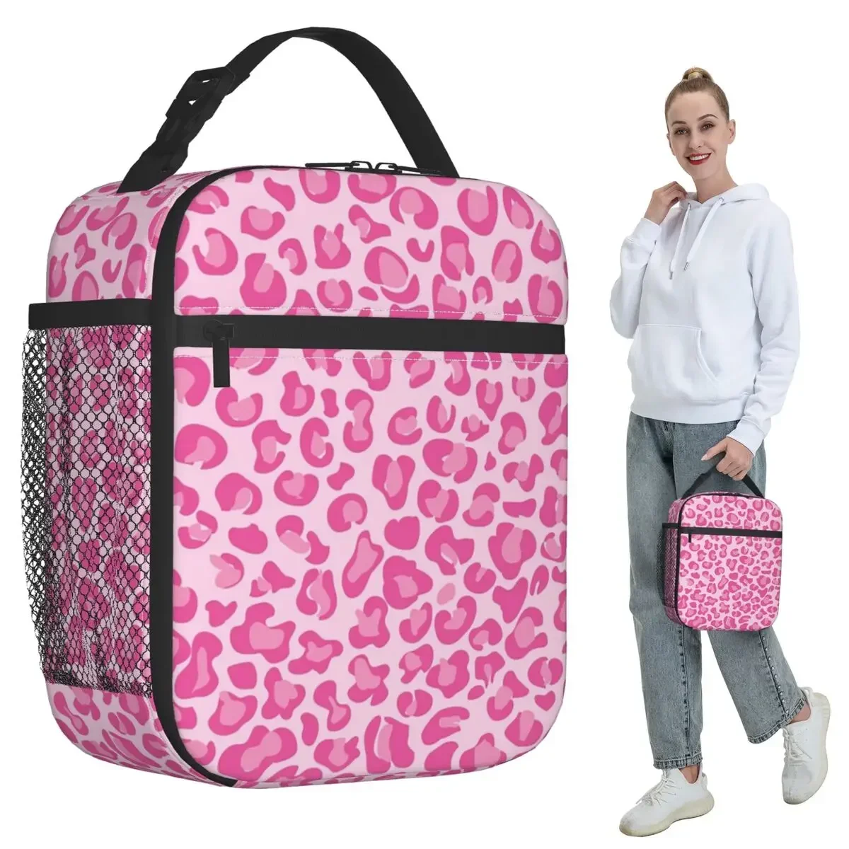 Pink Leopard Print Insulated Lunch Bag for Kids School Cooler Thermal Food Box Tote Portable Lunch Boxes Container