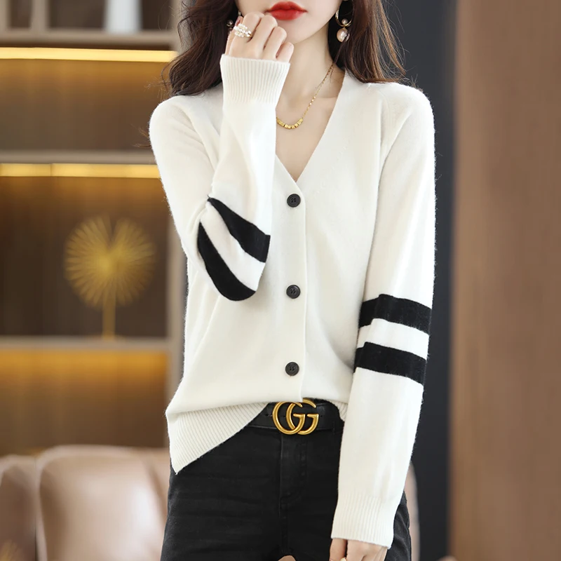 

Autumn And Winter Pure Wool Sweater V-neck Singlerow Button Contrast Color Cardigan Women's Loose Casual Knitted Jacket Top