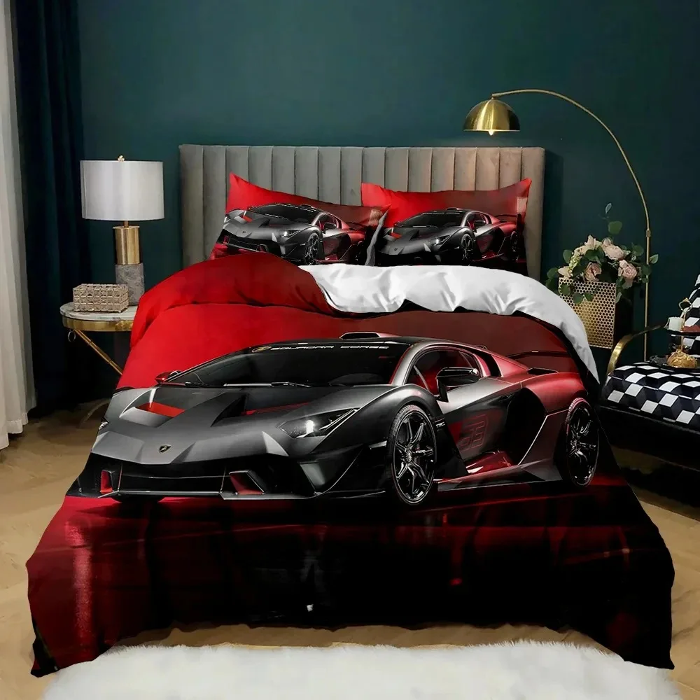 Race Car Bedding Set Twin Size Burning Red Flame Duvet Cover Set 3D Sports Car Comforter Cover King Polyester Quilt Cover