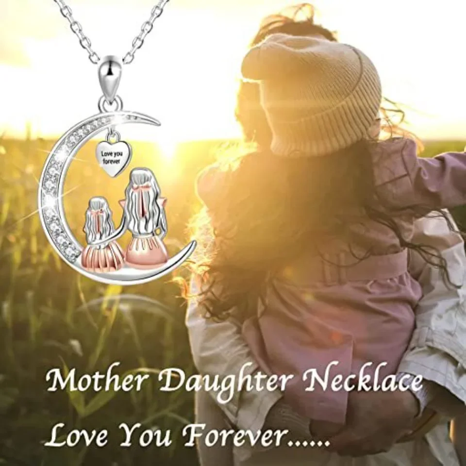 Design Exquisite Zircon Moon Mother and Daughter Embrace Pendant Necklace for Women Charm Mother's Day Chokers Jewelry