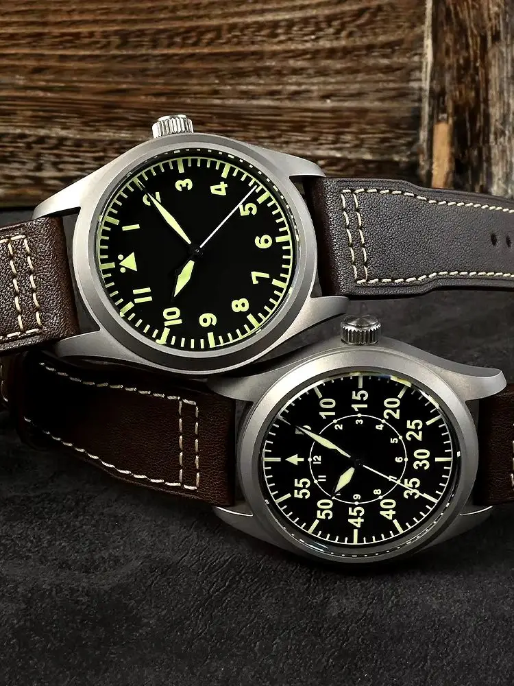 San Martin Pilot Titanium Military Enthusiast NH35 YN55 Automatic Mechanical Men Watch Leather Strap Waterproof Luminous SN0030T