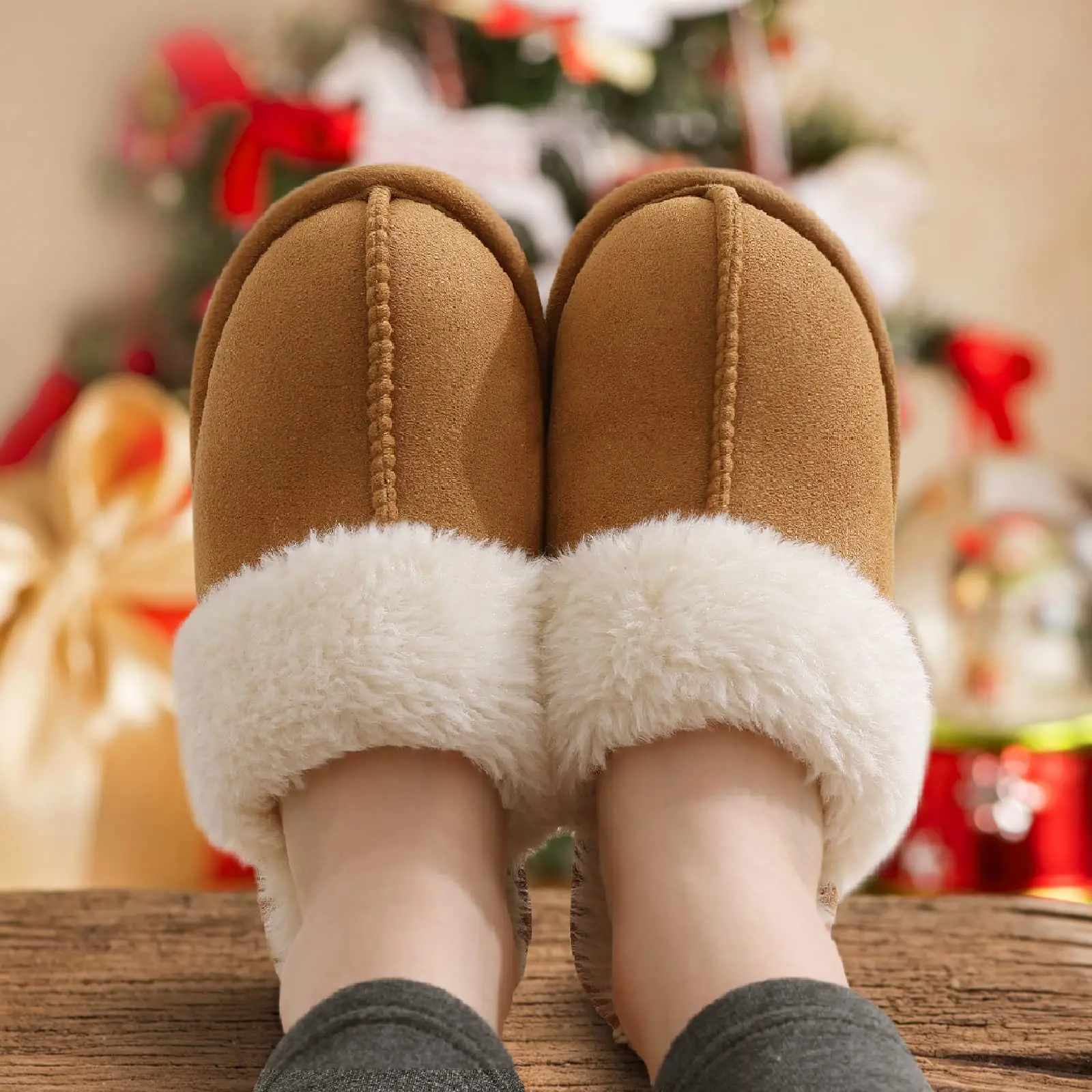 Shevalues Memory Foam Warm Slides Women Fluffy Fuzzy Winter House Shoes Indoor Soft Bottom Slippers Couple Plush Bedroom Slides