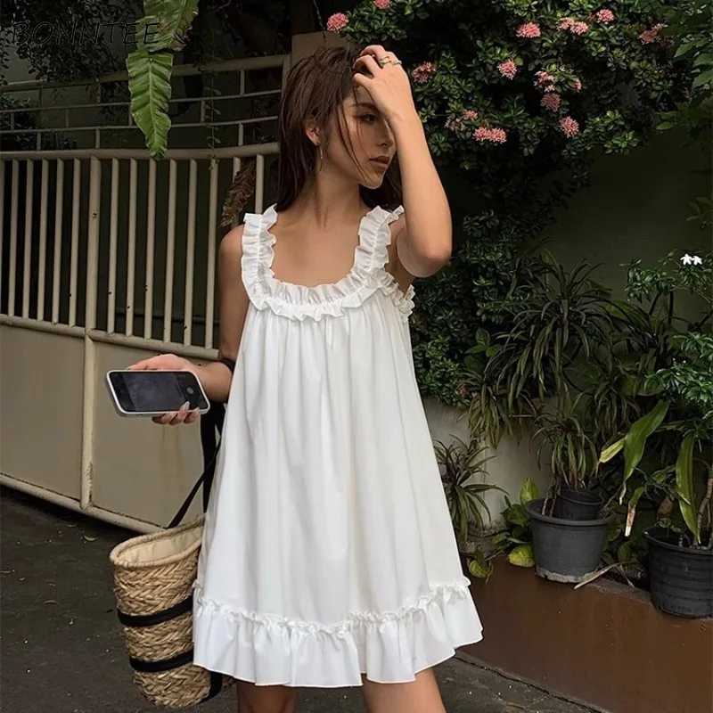 Mädchenhafte Minikleider für Damen, ärmellos, essbarer Baumpilz, weiß, saubere Passform, altersreduzierende Streetwear, Fairycore, Sommer, lockerer Strand