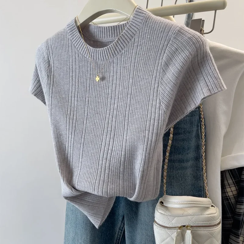 

Женский топ из ледяного шелка во французском стиле с круглым вырезом, однотонная футболка с короткими рукавами Feifei, летняя футболка