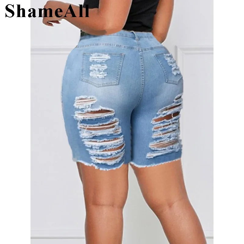 

Plus Size Cut Ripped Bermudas Five points Short Jeans Stretch Skinny Denim Shorts Sexy Club Party Short