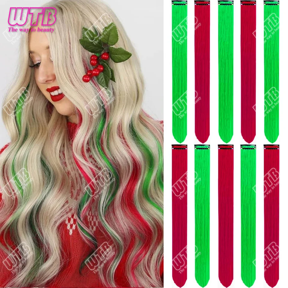 Synthetic Color Hair Extension Wig Christmas Red and Green Hair Extension Piece Single Clip Wig Extension clip in hair