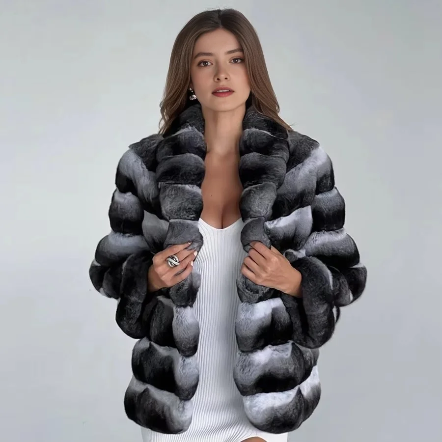 

Genuine Rex Rabbit Fur Coat Chinchilla Fur Coats Women High Quality Fur Outerwears For Gril