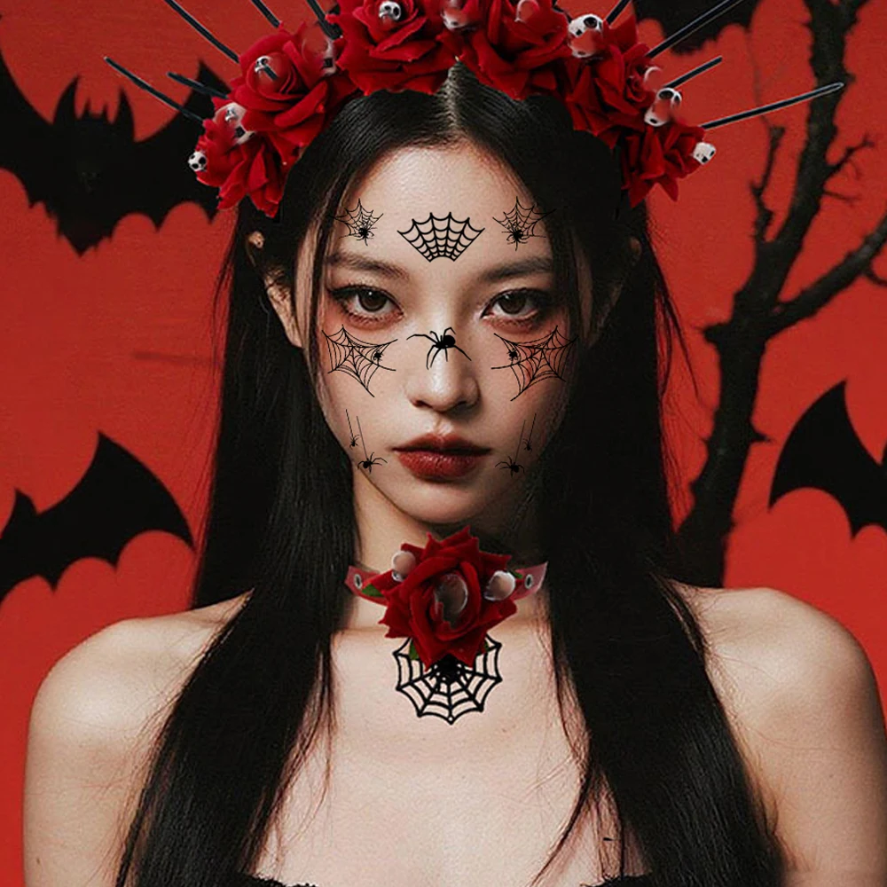 10 قطع من ملصقات وشم العنكبوت على شكل شبكة العنكبوت وشم مزيف للنساء والرجال ومكياج الوجه والحواجب وشم مؤقت لحفلات الهالوين