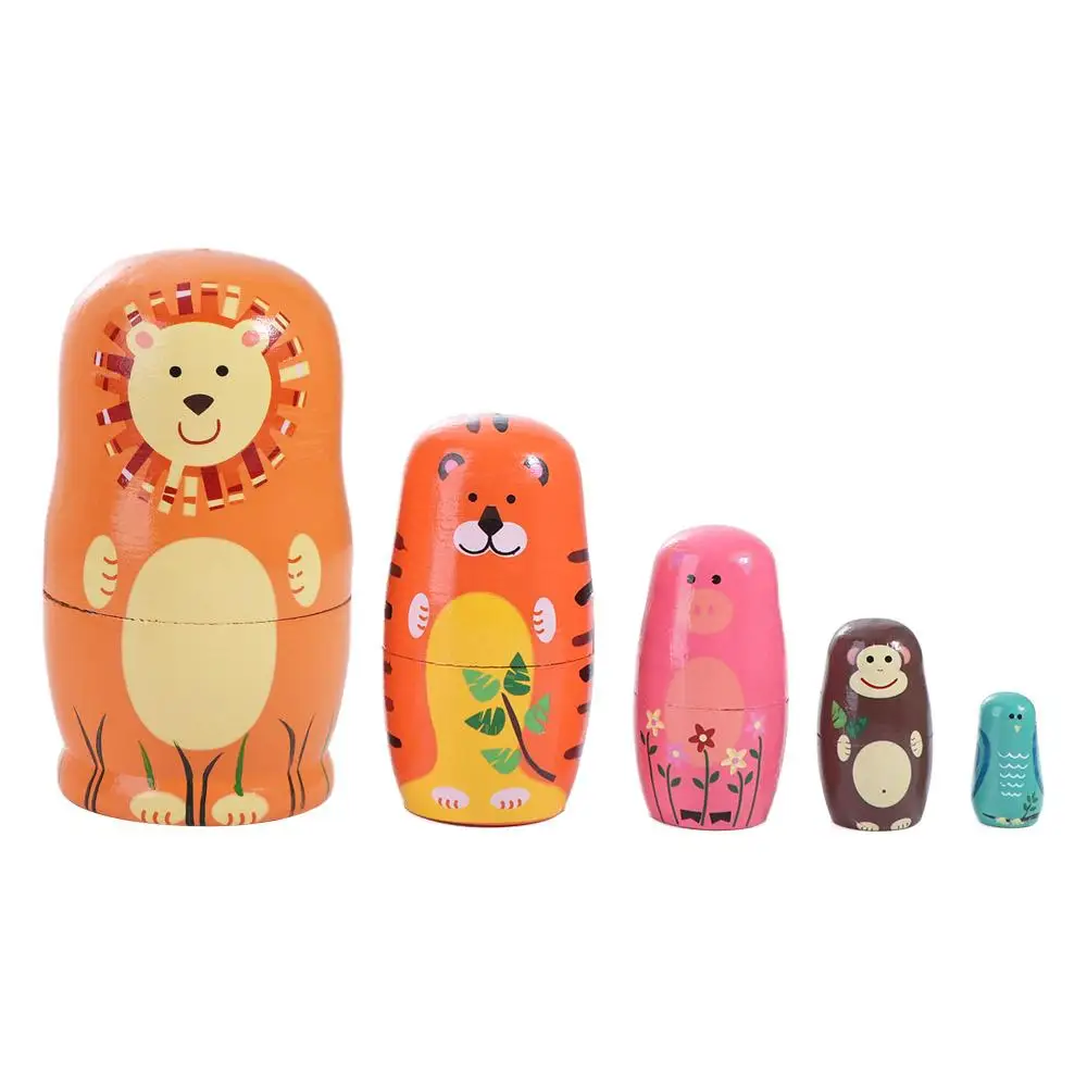 Xmas Festival Gift Wooden Nesting Handmade Animals Pattern Matryoshka Cartoon 5 Layer Stacking Chidrens Gift