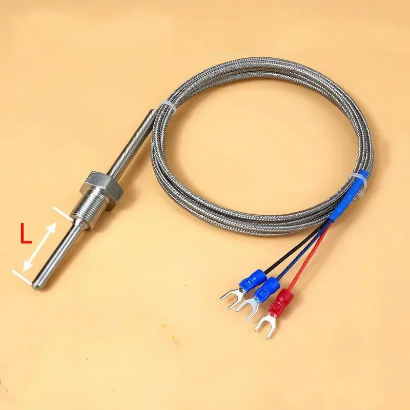 BSP 1/8 1/2 3/4 Thermowell Stainless steel Transducer  PT100 K E type Temperature Sensor With 1.5m Cable Wires L50-300mm OD6mm