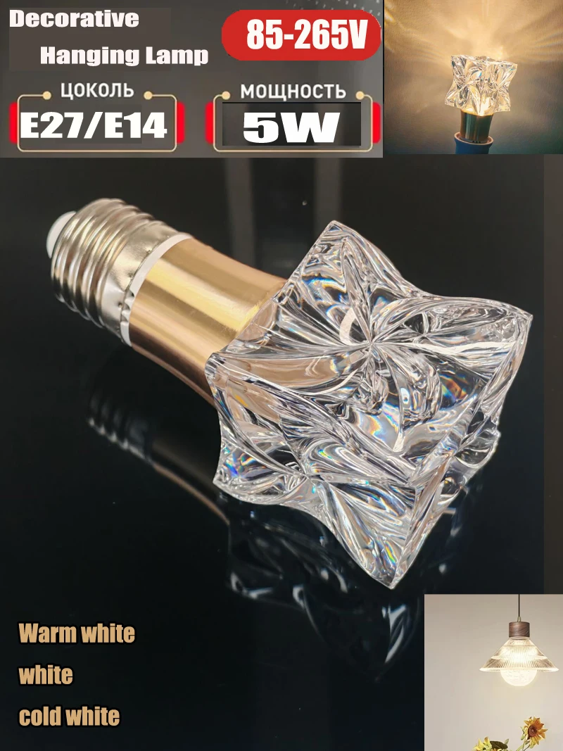 Decorative Crystal pendant lamp with 3000K 4000k  6000k , 5W E27 E14 for bedroom and living room  AC 85-265V
