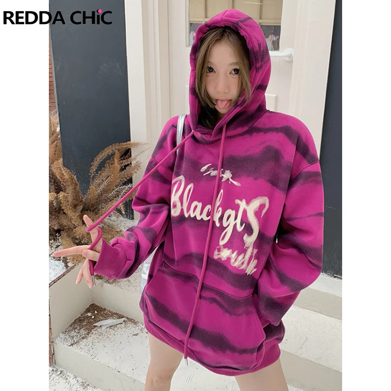 

REDDACHiC Tie Dye Striped Hooded Sweatshirt Pocket Drawstring Oversize Long Sleeves Graphic Hoodies Y2k Retro Grayu Pullover Top