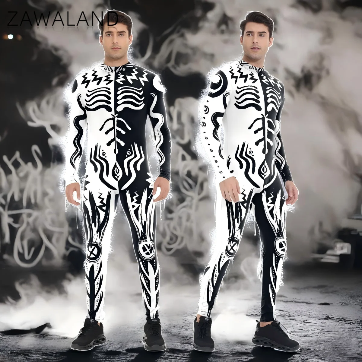 

Black White Graffiti Cosplay Costume Halloween Party Performance Bodysuit For Man Long Sleeve Zipper Jumpsuit Carnival Outfits