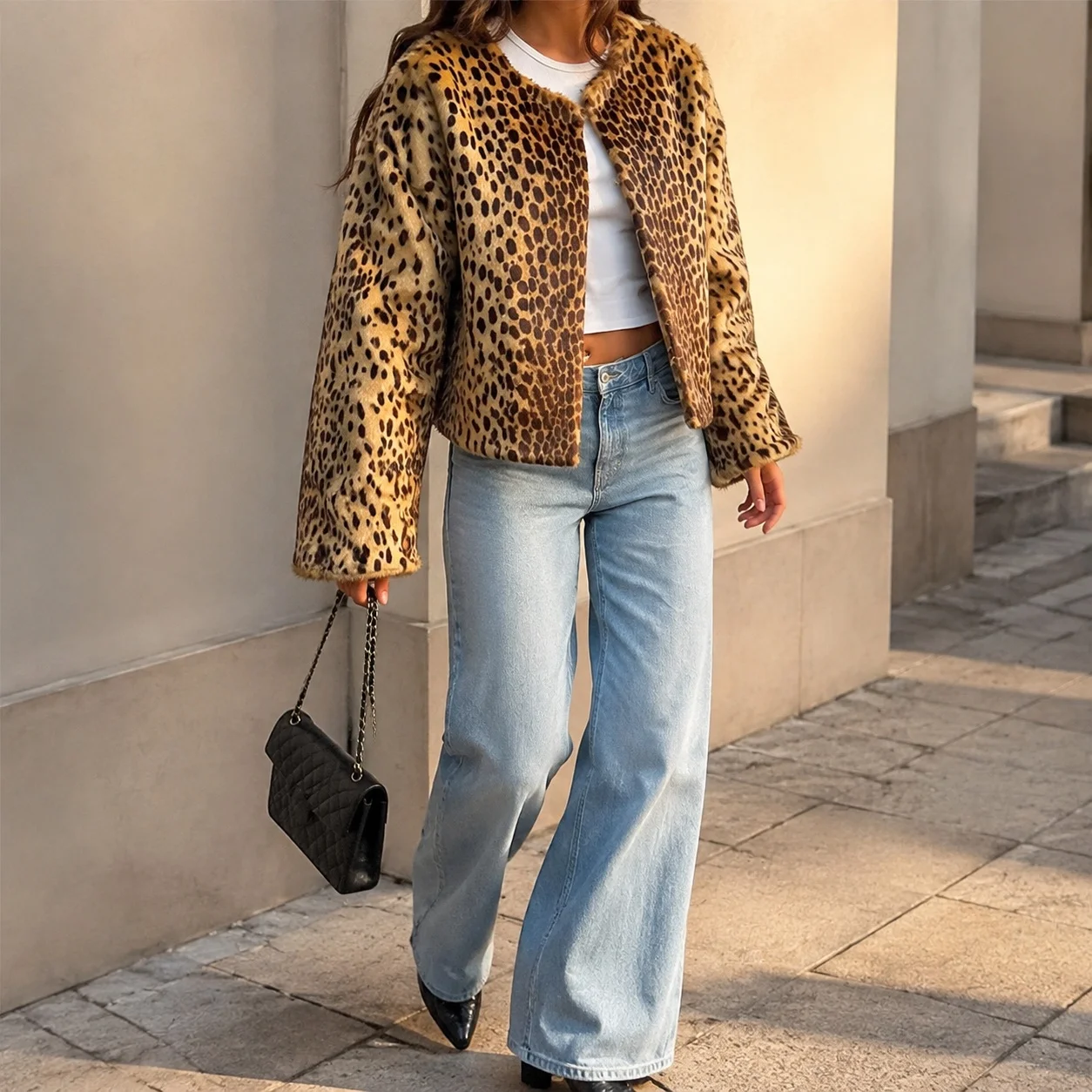 Thick Leopard Print Coat Cropped Dominatrix Style with Wrinkle Finish Single Breasted Multi Button Round Neck Women Coat